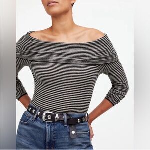 Madewell Alpaca Blend Striped Off-Shoulder Knit Top in Black & White Size XS